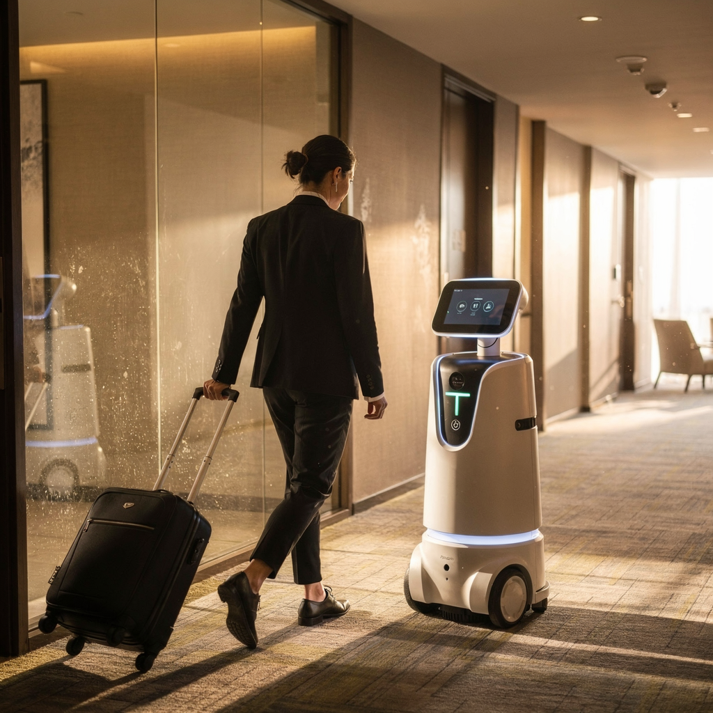 Humanoid hotel robot assisting a guest A modern hotel robot assistant guiding a guest with luggage down a corridor, sleek design and warm lighting, no text or logos
