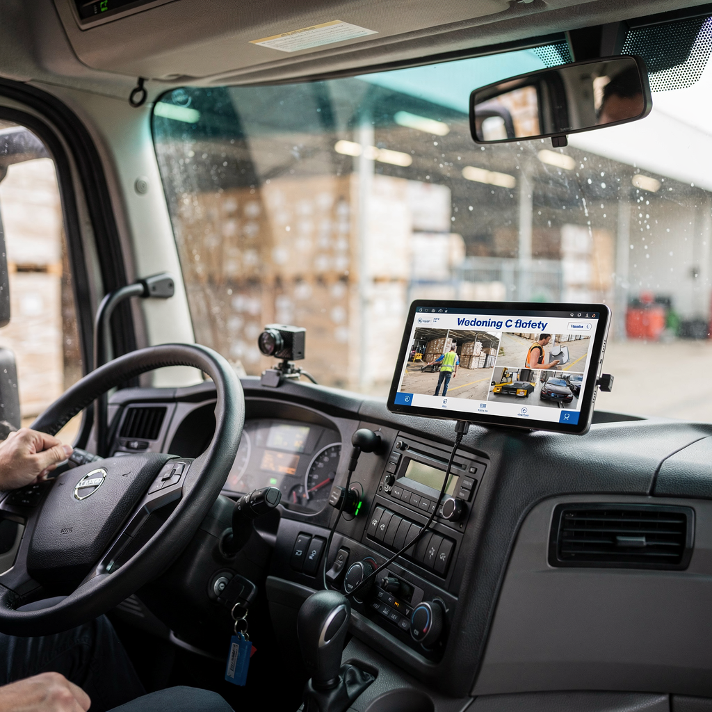 A close-up of a modern truck cabin with a dash cam mounted and a tablet showing a safety dashboard and driver coaching clips, realistic lighting, no text