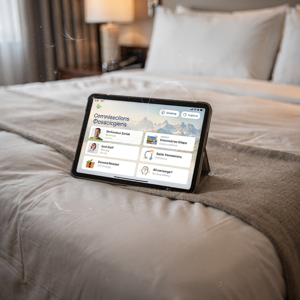In-room tablet with AI concierge recommendations An in-room tablet showing personalized itinerary and AI concierge suggestions, with a luxury hotel room background and subtle lighting