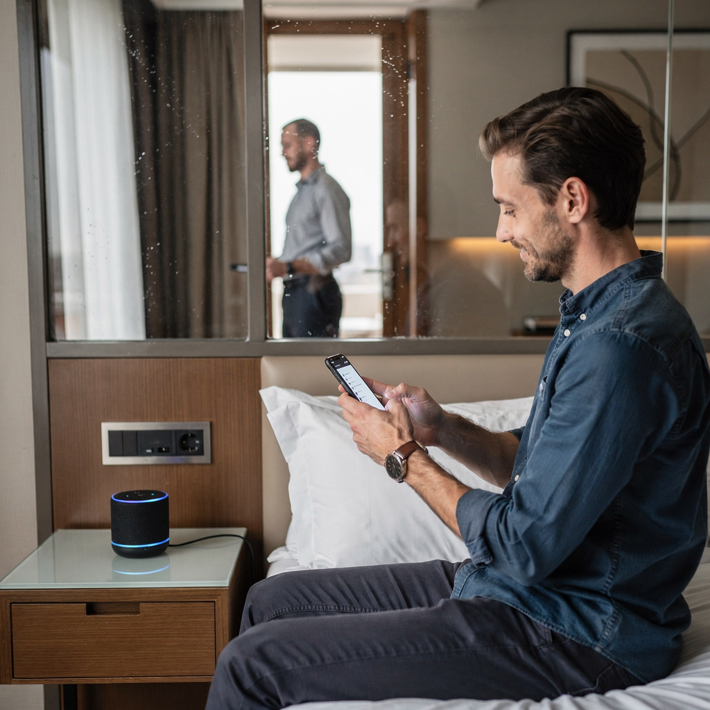 Asistente de voz en la habitación con un huésped usando una app móvil Asistente de voz en la habitación con un huésped usando una app móvil