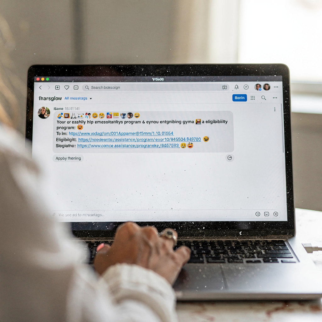 A friendly email inbox view on a laptop showing a message that includes links to assistance programs and eligibility guidance, neutral background, no text