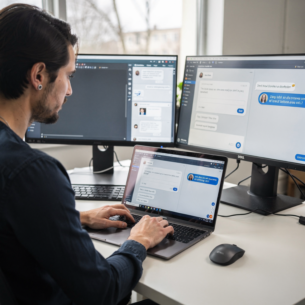 Instructor using authoring tool with AI draft email suggestions A teacher using an authoring tool on a laptop while an AI assistant shows draft email suggestions on a second screen, with course pages and message previews visible (no text)