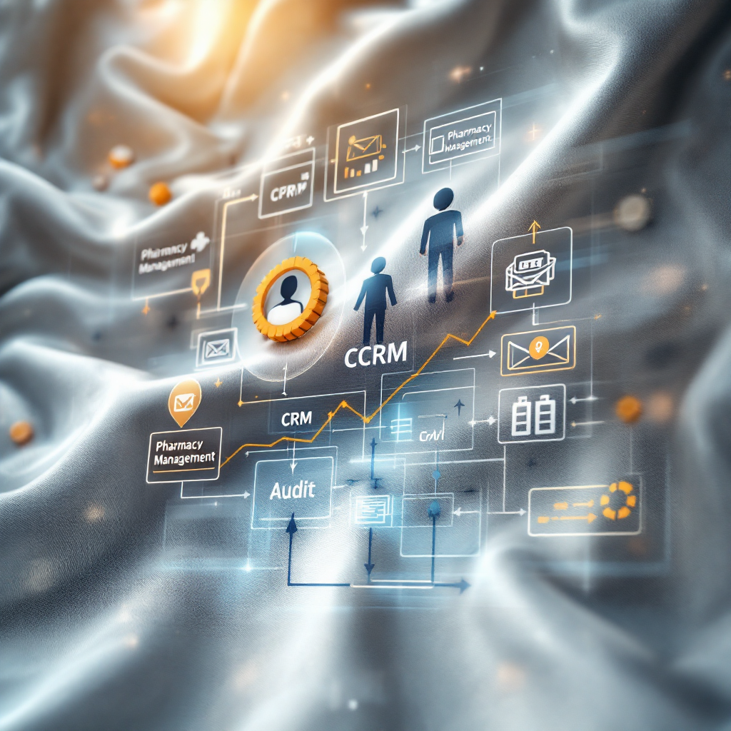 Diagrama de integración para IA, CRM y gestión de farmacia Diagrama de integración para IA, CRM y gestión de farmacia