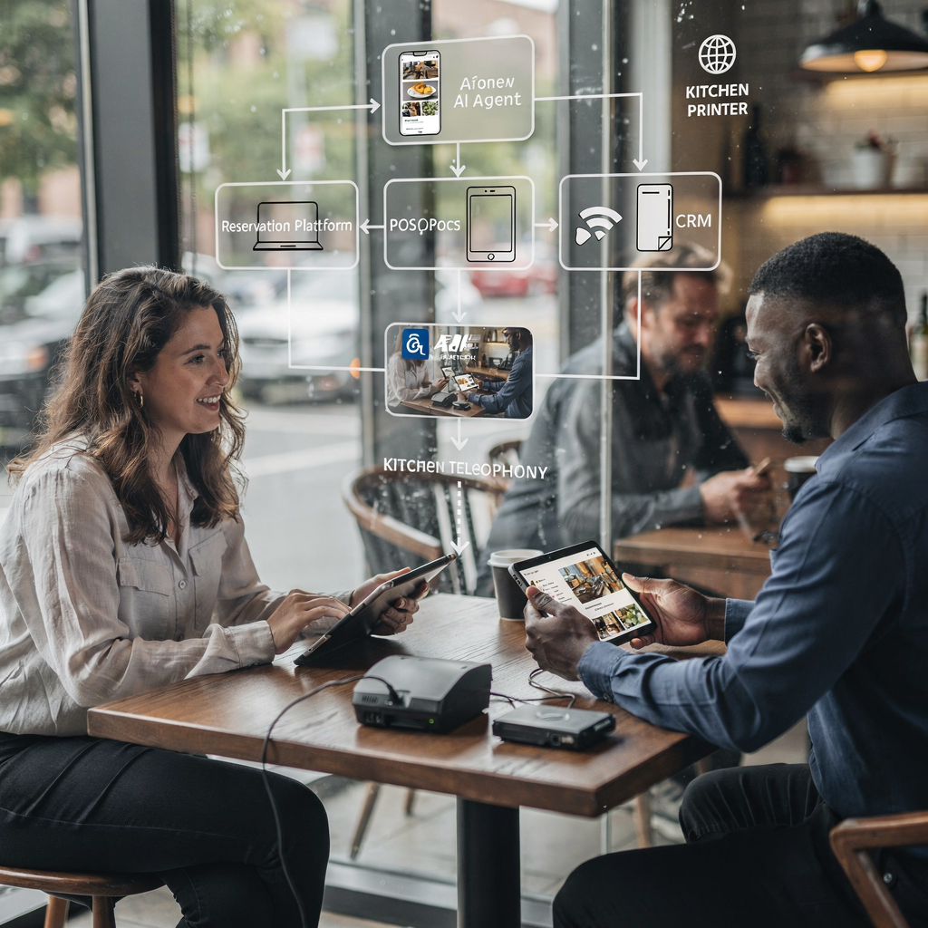 A flow diagram showing a restaurant tech stack with reservation platform, POS, CRM, telephony, kitchen printer, and an AI agent connecting them, with staff interacting with tablets