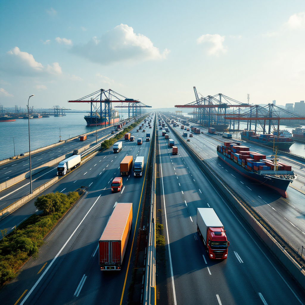 A highway and port scene showing mixed-mode transport with trucks and ships under clear sky, focus on efficiency and environmental sustainability, no text