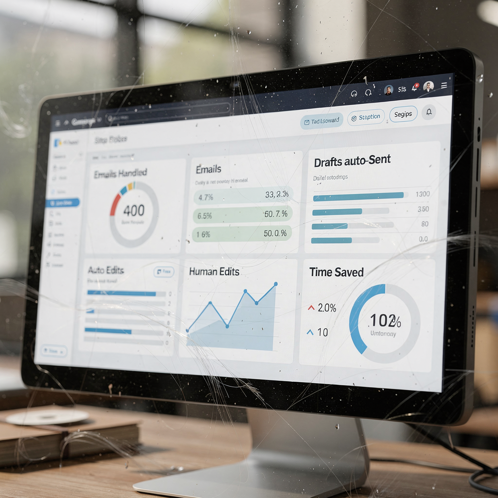 KPI-dashboard voor e-mailautomatisering met bespaarde tijd en berichtstatistieken