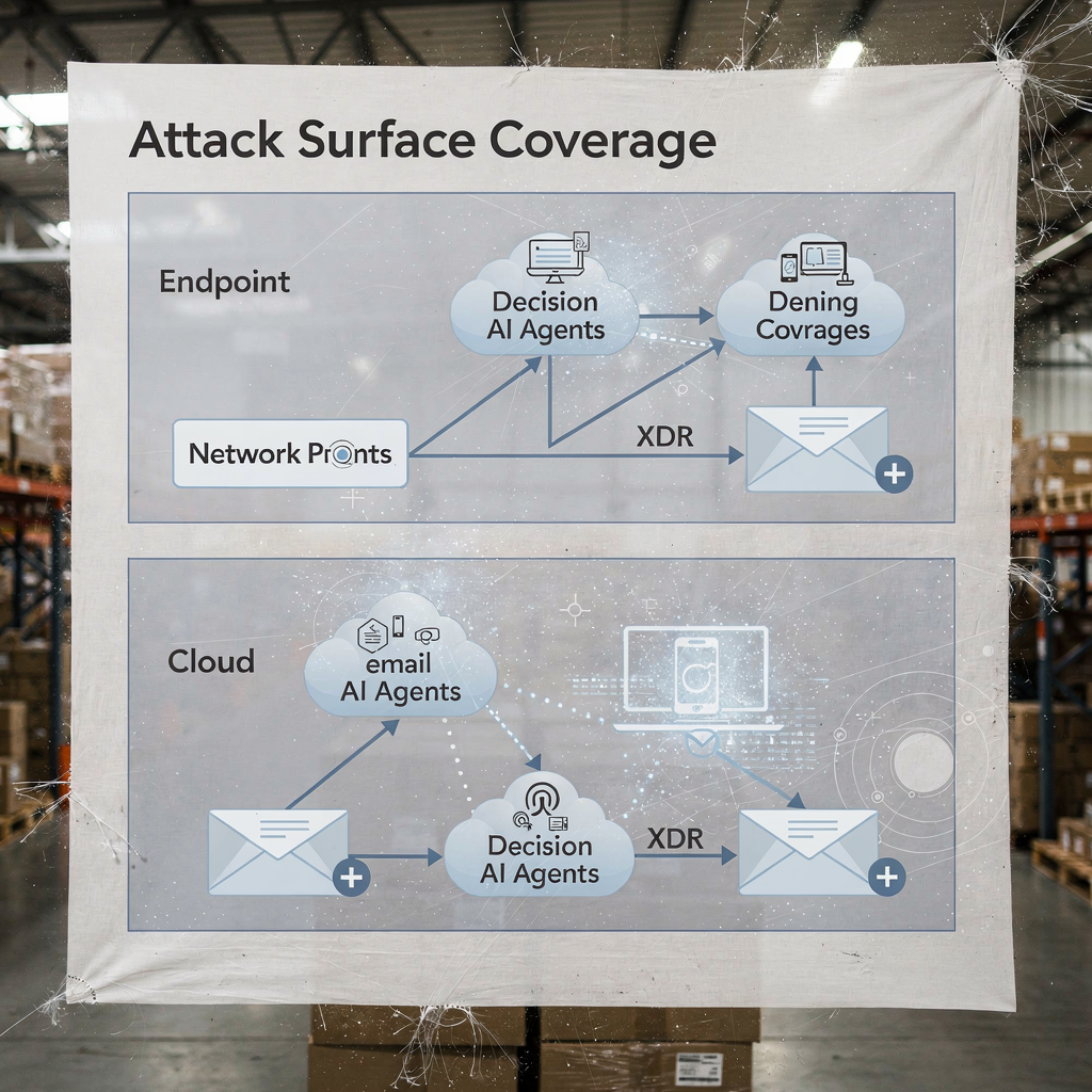 Layered diagram of XDR coverage with AI decision points A layered diagram showing attack surface coverage: endpoint, network, cloud, email with XDR decision points and AI agents examining each layer