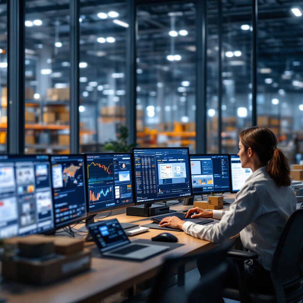 Sala de control logística con interfaces asistidas por IA Sala de control logística con interfaces asistidas por IA