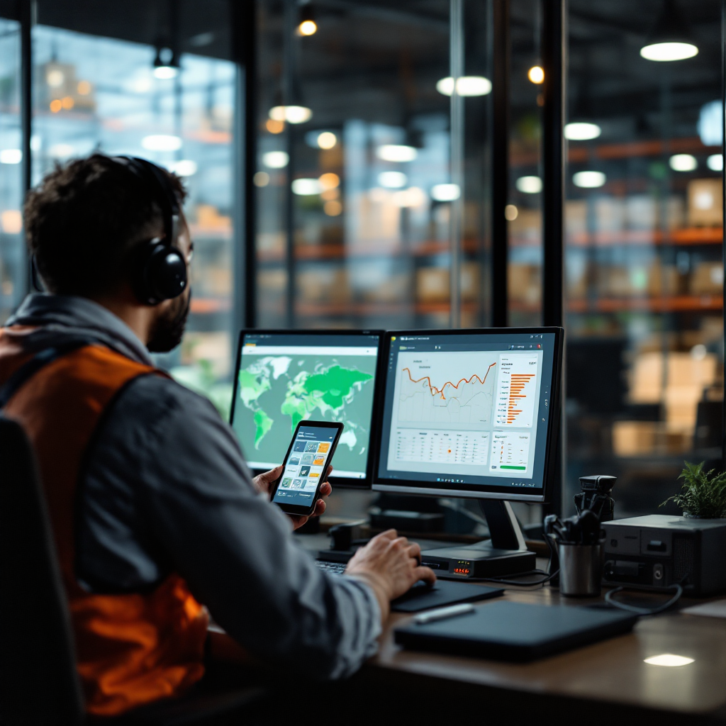 Sala de control logístico con paneles de optimización de rutas