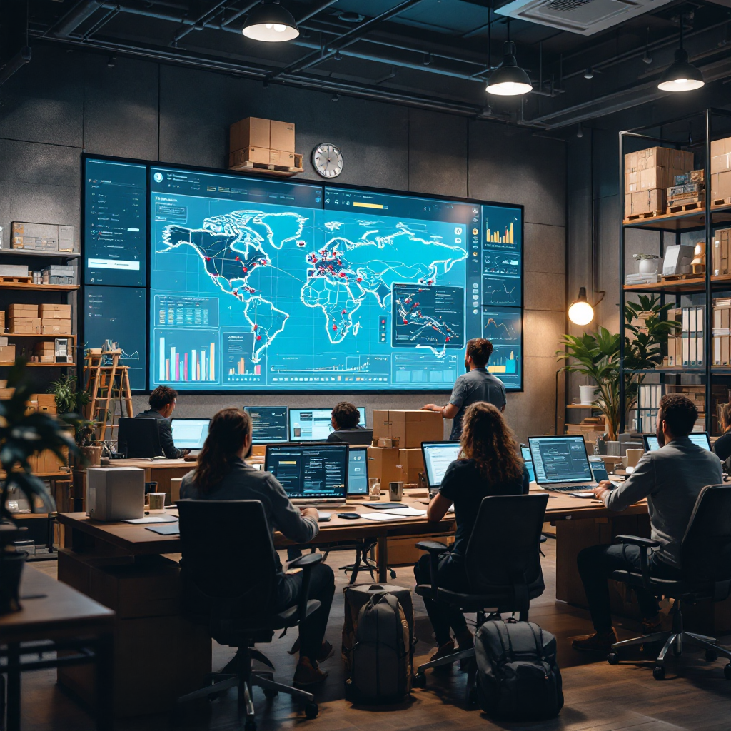 Centro de control de operaciones logísticas con mapa de red