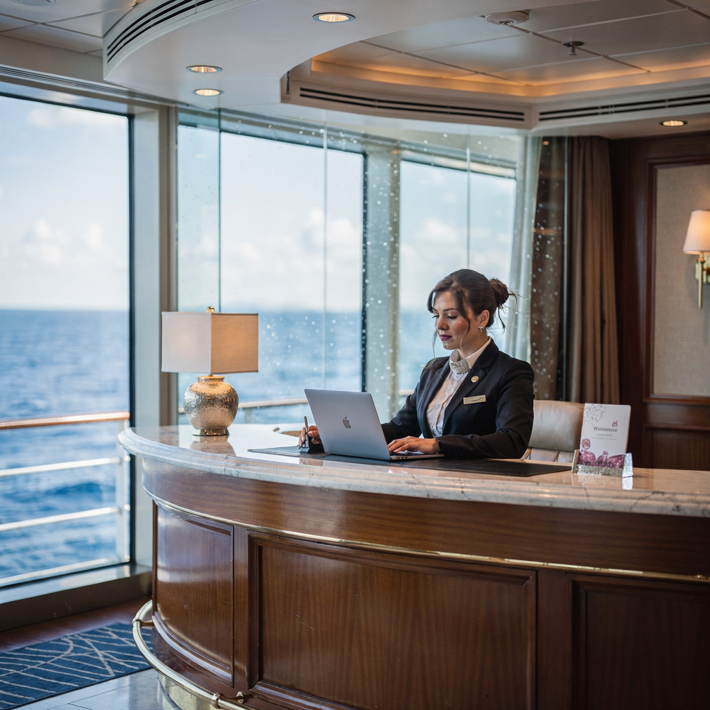 Luxury cruise ship concierge desk with laptop and welcome packet