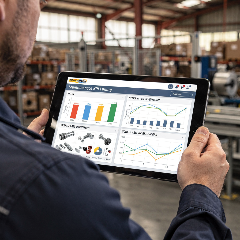 Painel de KPIs de manutenção em tablet