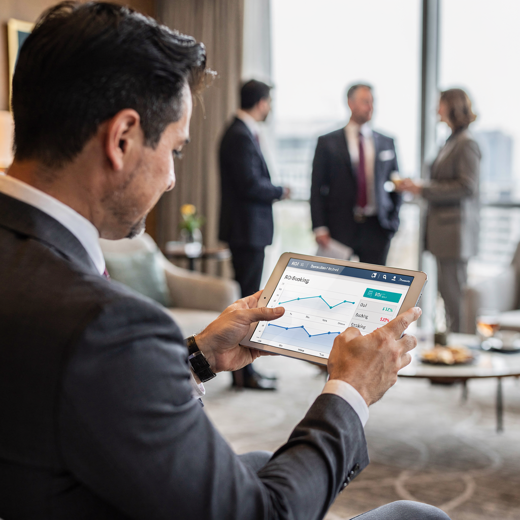 Responsabile che visualizza una dashboard con ROI e metriche di prenotazione Responsabile che visualizza una dashboard con ROI e metriche di prenotazione