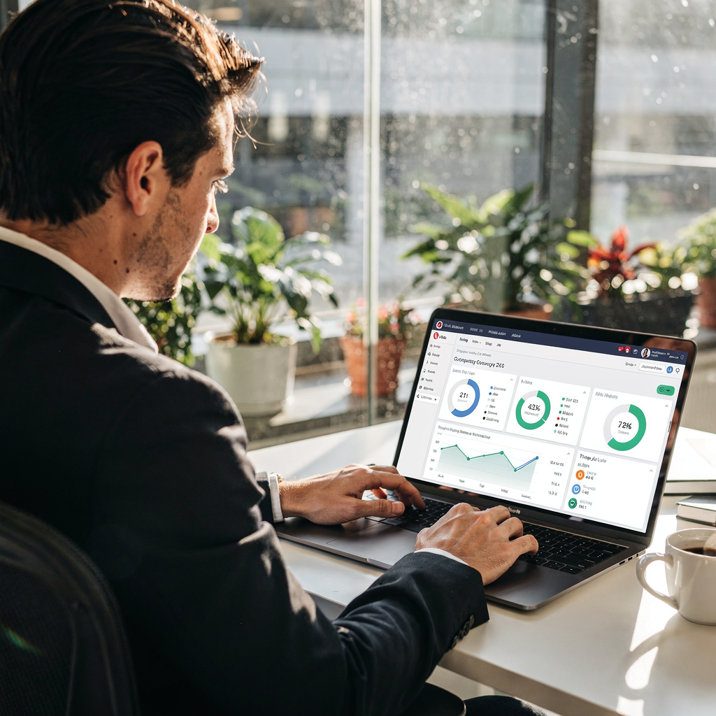 Ejendomsadministrator, der ser et dashboard med belægning og prisfastsættelse