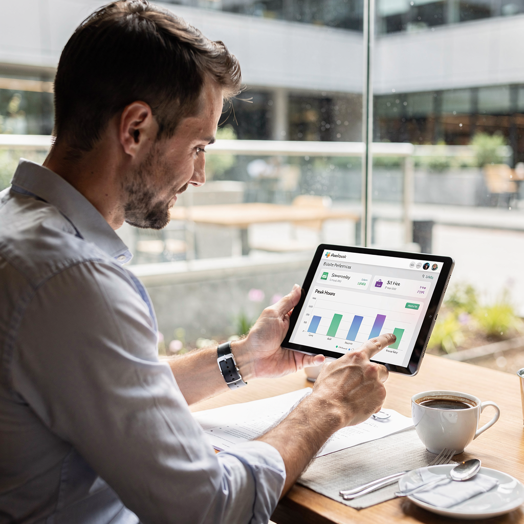 A restaurant manager reviewing a tablet dashboard showing reservations, guest preferences, and peak hours analytics, bright modern office, no text