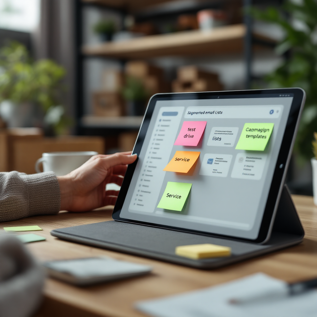 Especialista de marketing revisando plantillas de campañas de correo automotriz Especialista de marketing revisando plantillas de campañas de correo automotriz