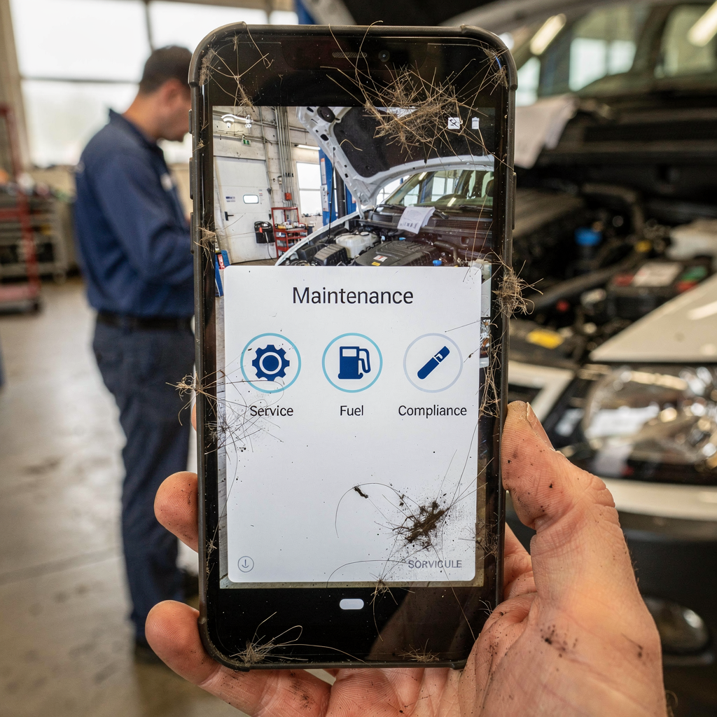 Close-up of a mobile device screen showing a maintenance alert for a vehicle, with icons for service, fuel, and compliance. The background shows a mechanic in a depot checking a vehicle. No text, logos, or numbers in the image.