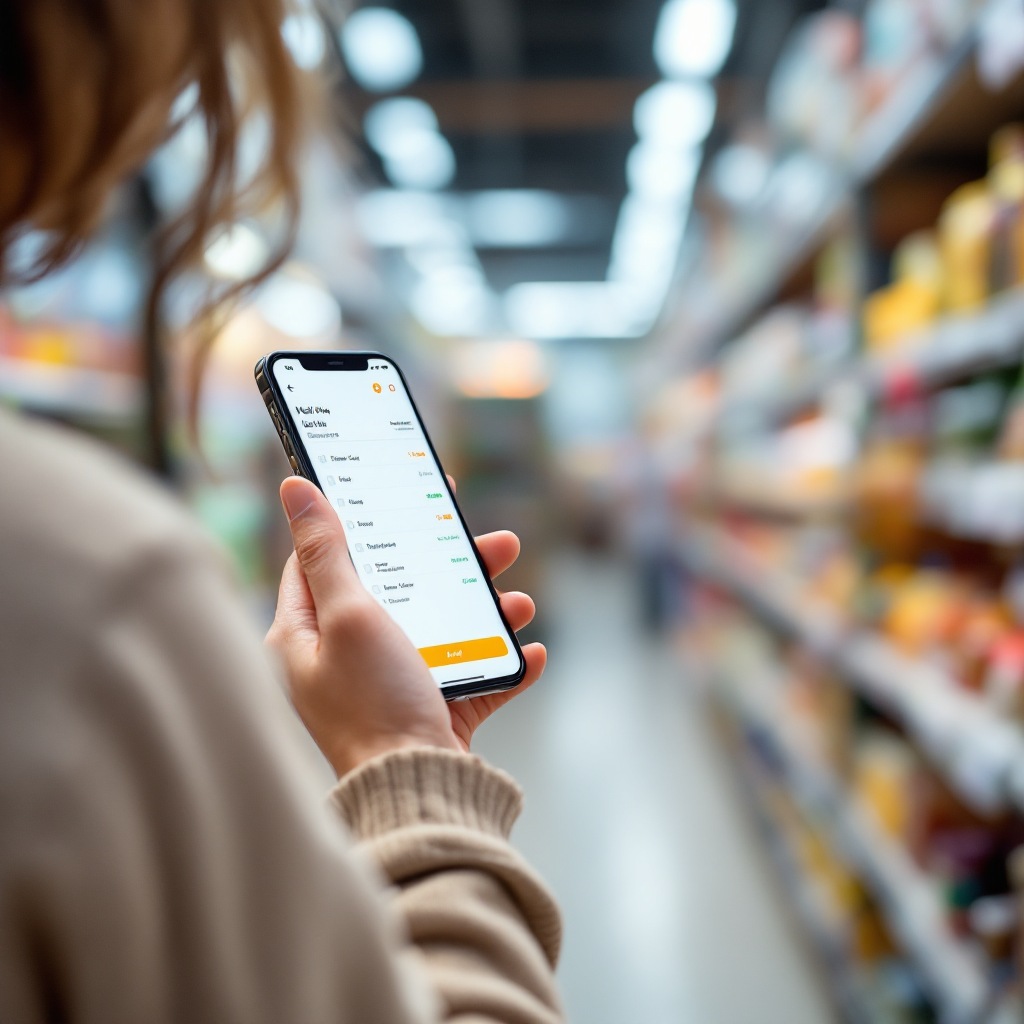 A shopper using a smartphone app that shows a meal plan, a de-duplicated shopping list, and a one-click add to cart option with store aisle hints, bright supermarket background, realistic