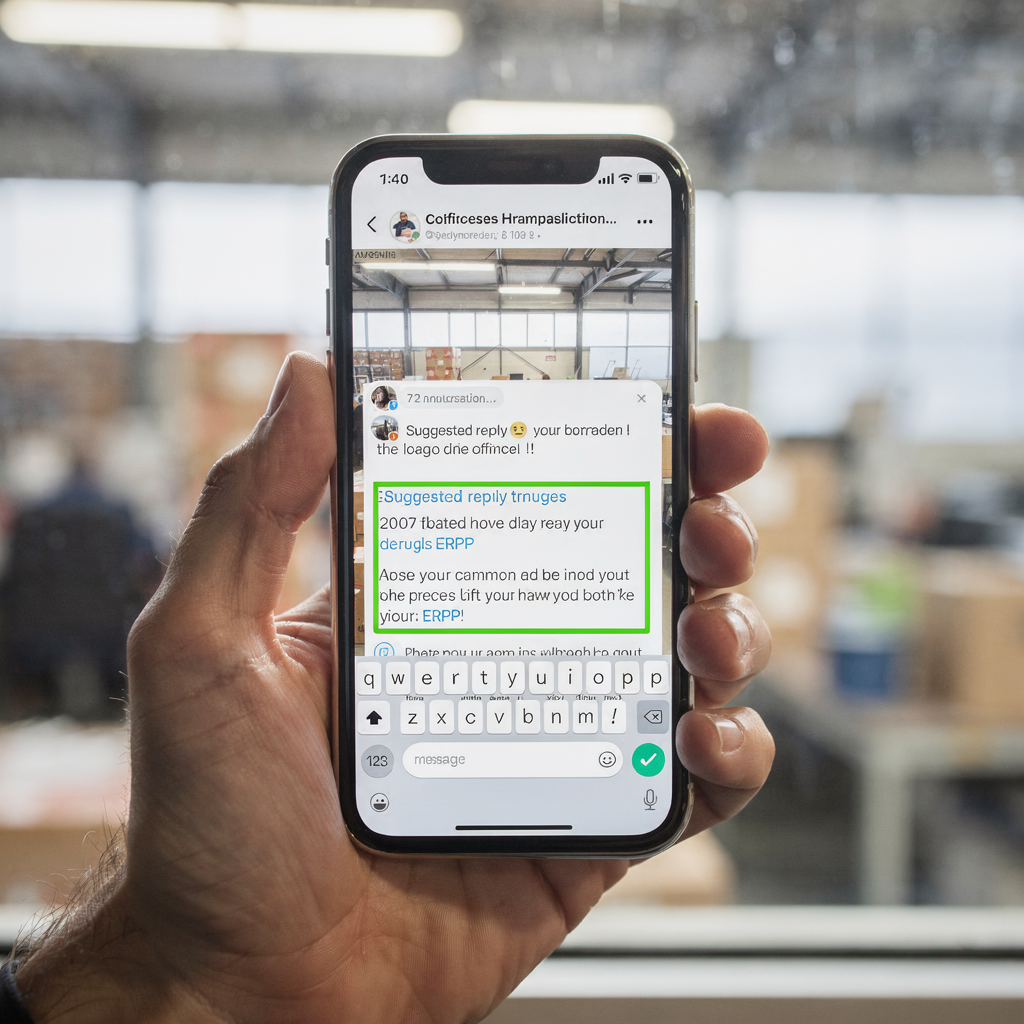 A hand holding a smartphone showing an email with highlighted suggested reply and data pulled from an ERP, office background blurred