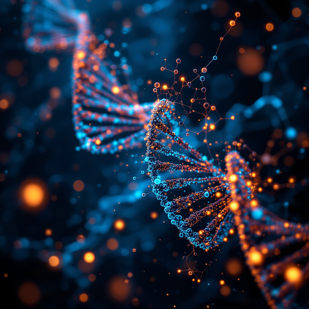 Abstract visualization of a multilayer neural network overlaying DNA strands and chemical structures, no text