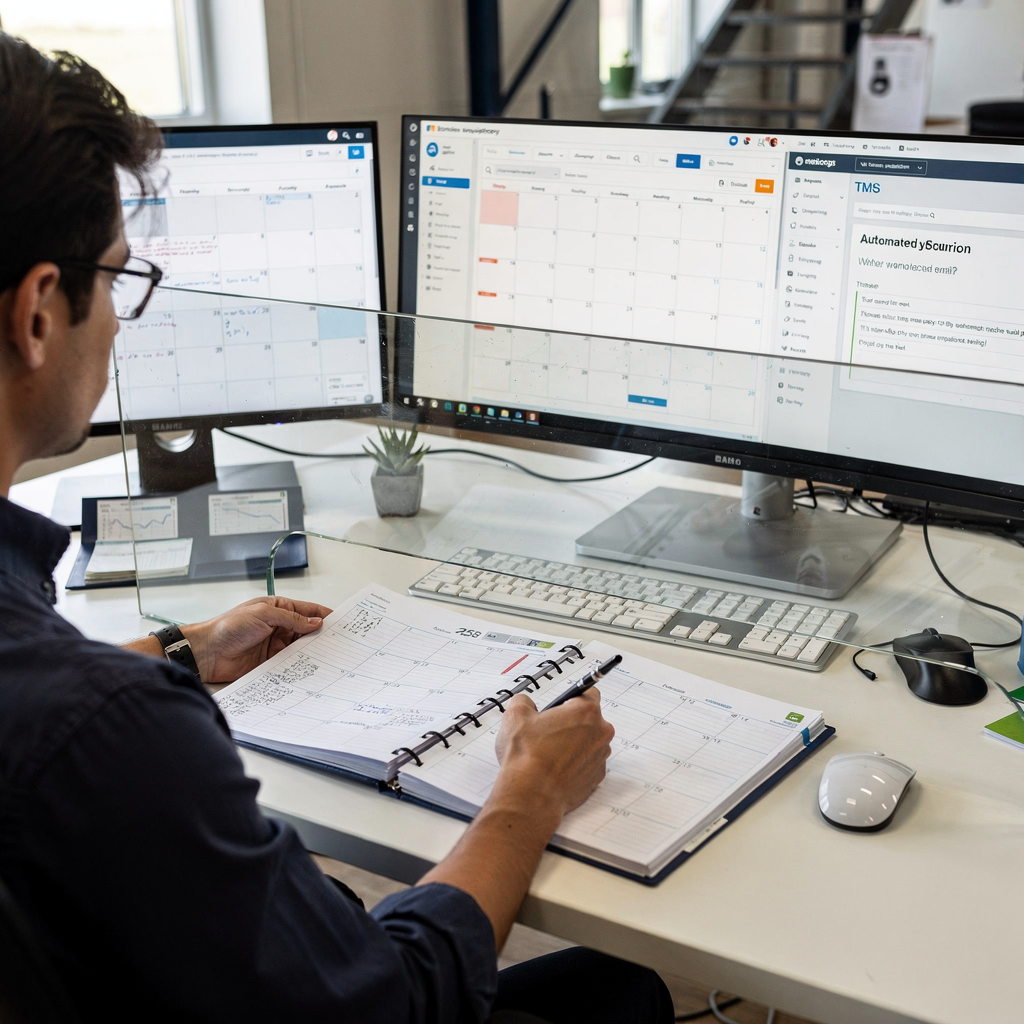 An operations desk showing a planner handling multiple screens: a calendar, a TMS dashboard, and an automated email draft, with a tidy workspace and clear interfaces, no text in image