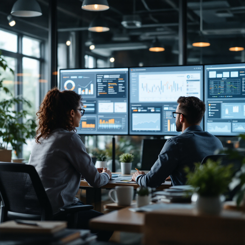 Sala de operaciones con paneles de estado de envíos y resúmenes de correos