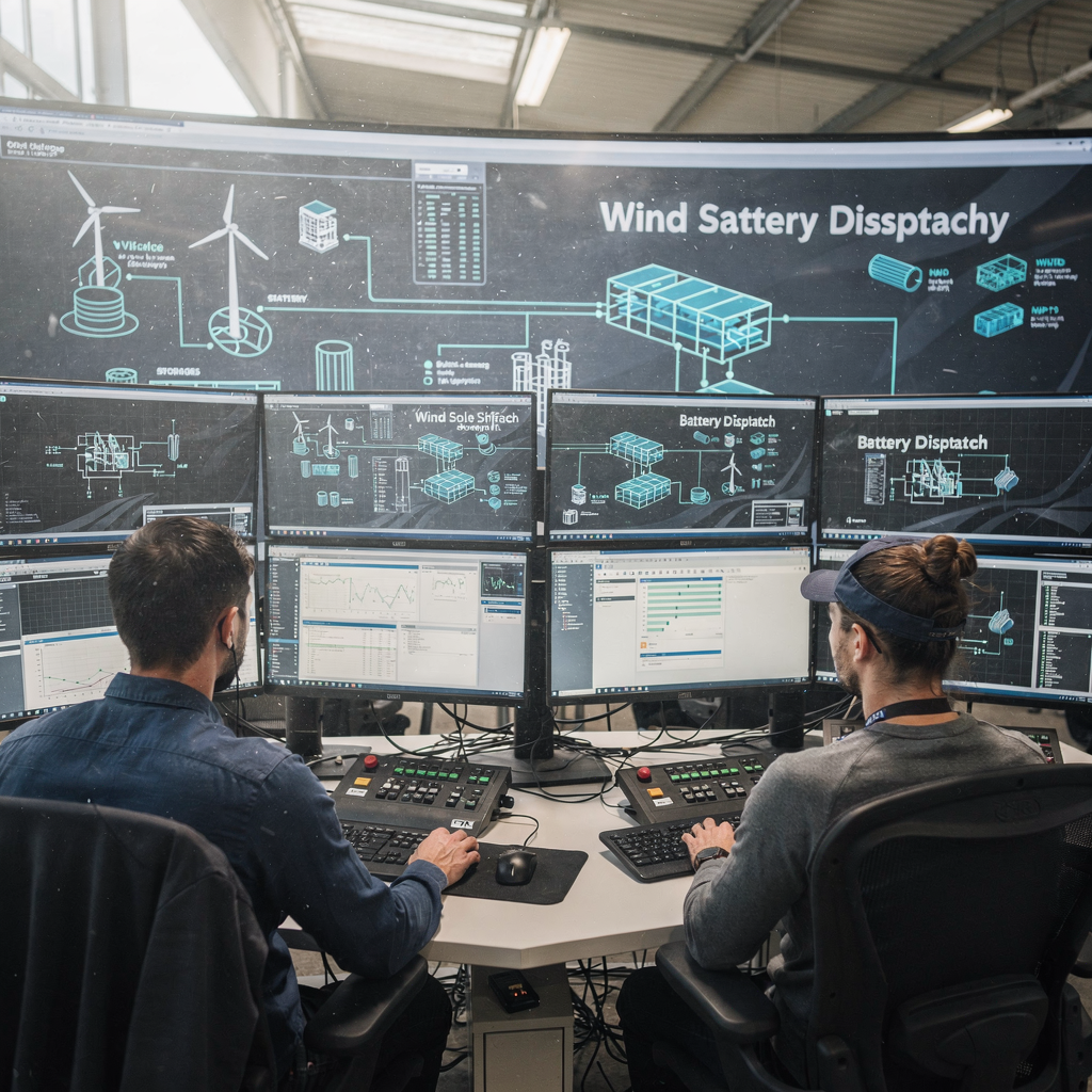 Operatoren in einem Leitstand, die Wind‑ und Batterieeinspeisung verwalten