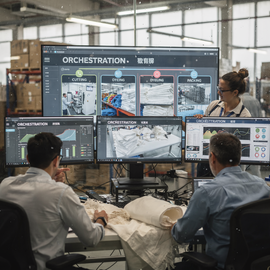 A control room view showing an orchestration dashboard with production stages for cutting, dyeing and packing, visual indicators for bottlenecks, and engineers collaborating