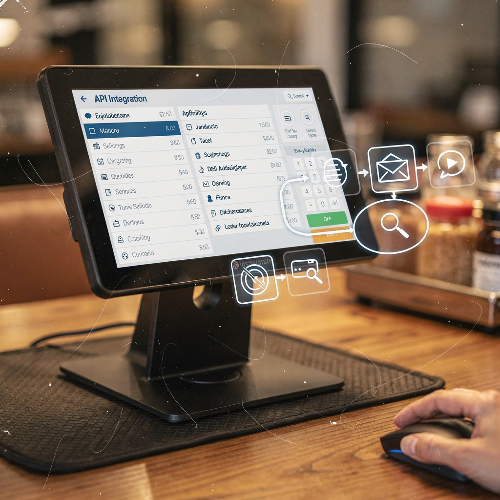 A close-up of a restaurant POS terminal showing menu items and an API integration flow diagram overlay suggested by icons, warm ambient lighting, no text
