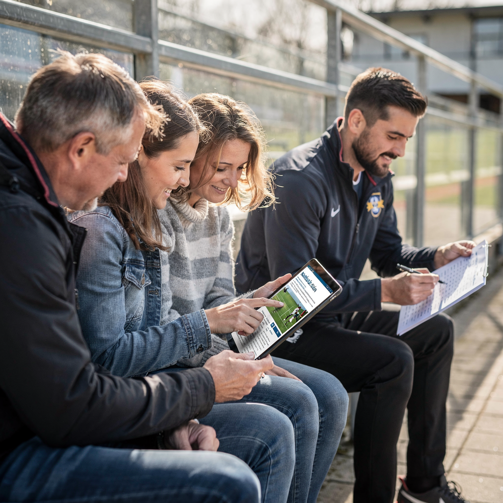 A group of parents reading a weekly sports club newsletter on a tablet, sitting on bleachers, with a coach nearby reviewing a roster on paper