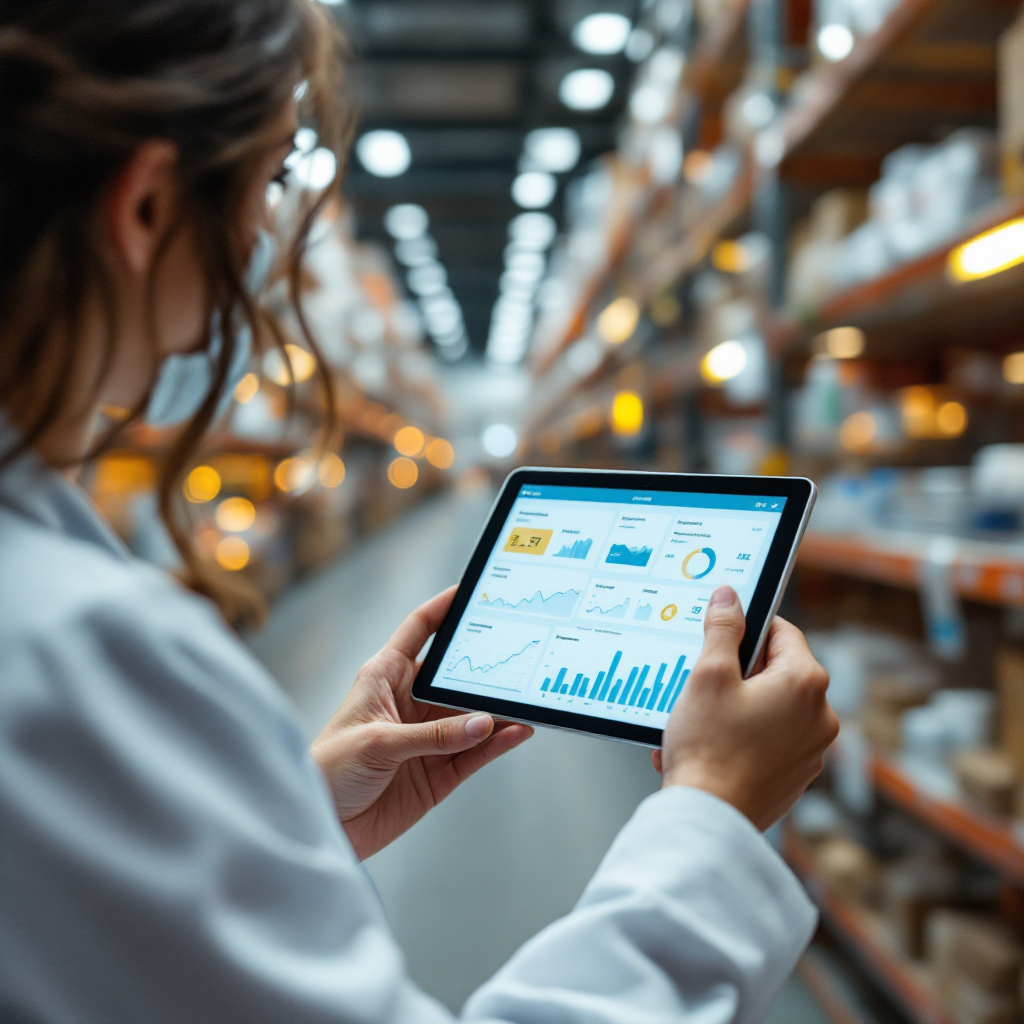 Close-up of a pharmacist reviewing a tablet screen with real-time alerts and inventory dashboards, no visible logos or text