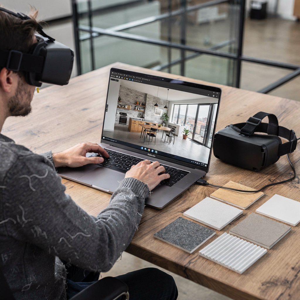 A photorealistic staged interior visualisation derived from a BIM model on a laptop screen, with VR headset and material swatches on the table, no text or logos