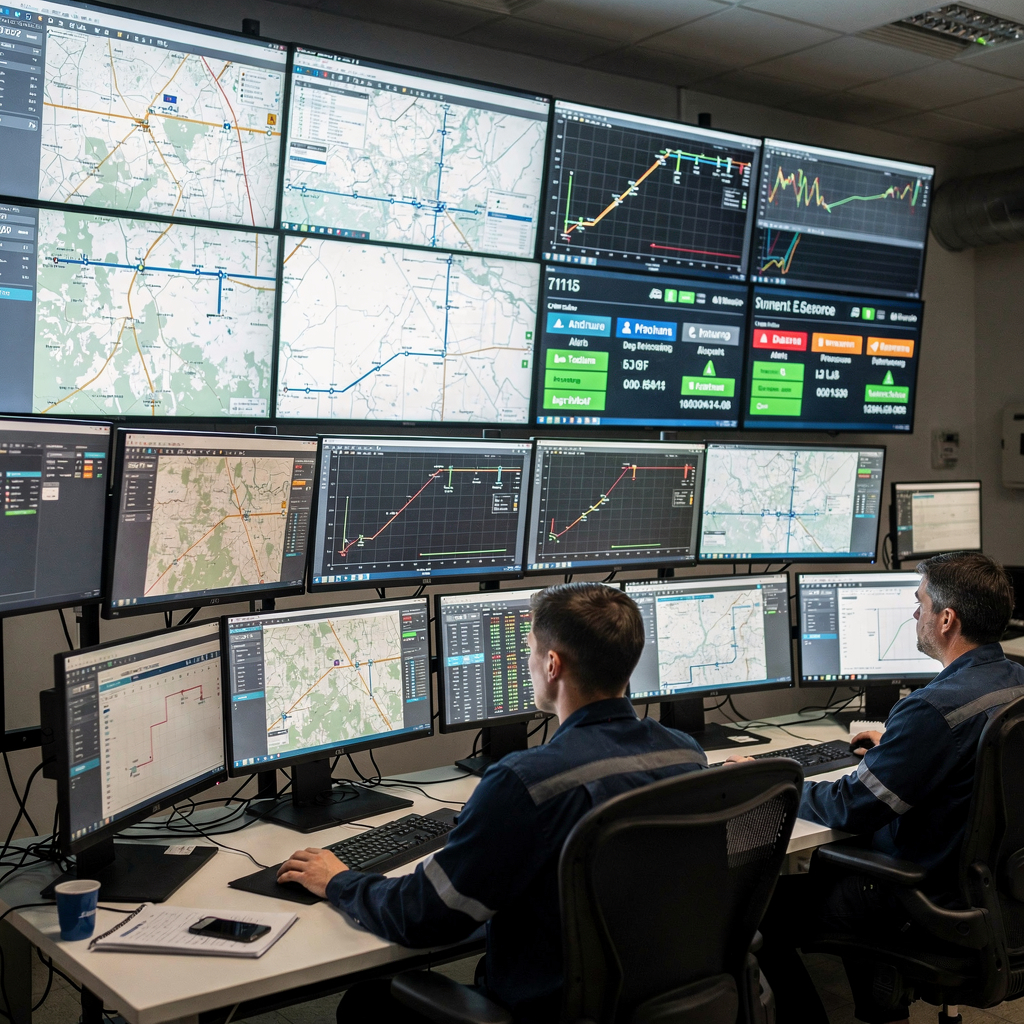 Kontrollrum för gasledningar med övervakningsskärmar