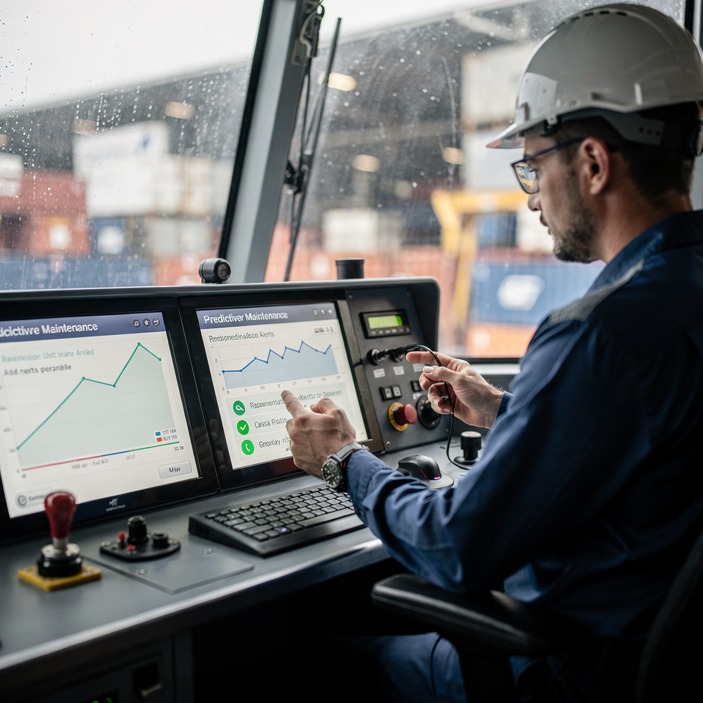 A dashboard showing predictive maintenance alerts for a ship, with simple graphs and a crew member reviewing recommendations