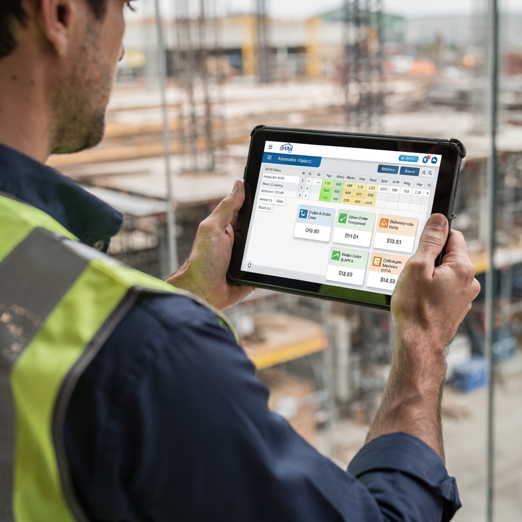 Kierownik projektu korzystający z tabletu z widokiem ERP i harmonogramu Kierownik projektu korzystający z tabletu z widokiem ERP i harmonogramu