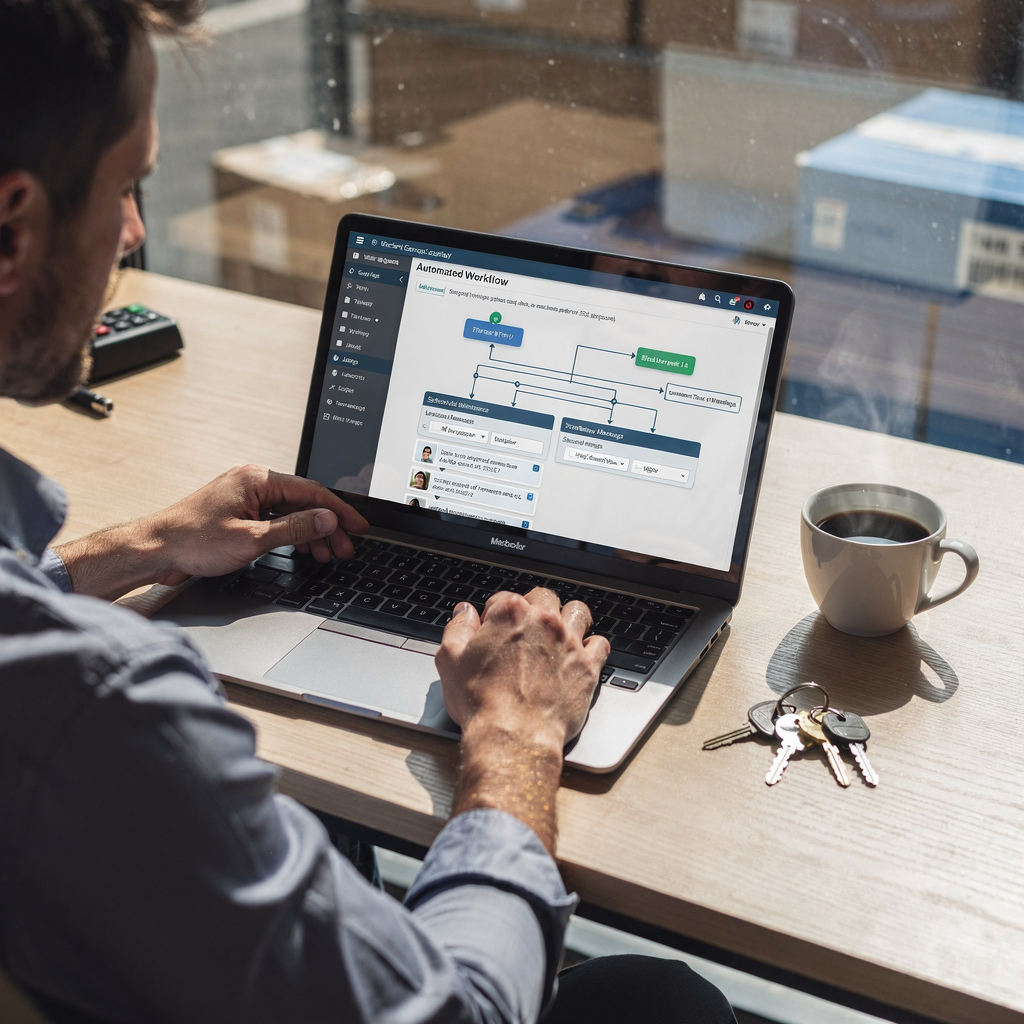 Ejendomsadministrator ved et skrivebord, der bruger software, der viser automatiserede workflows, planlagte vedligeholdelsesopgaver og lejermeddelelser på en tablet