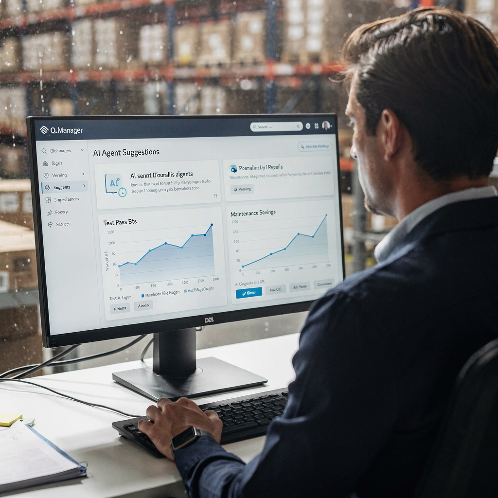 QA‑Manager, der ein KI‑Dashboard mit Testmetriken überprüft