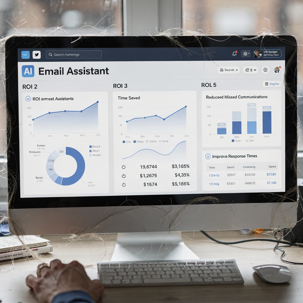 A dashboard showing ROI metrics for an AI email assistant, with charts for time saved, reduced missed communications, and improved response times, on a modern interface