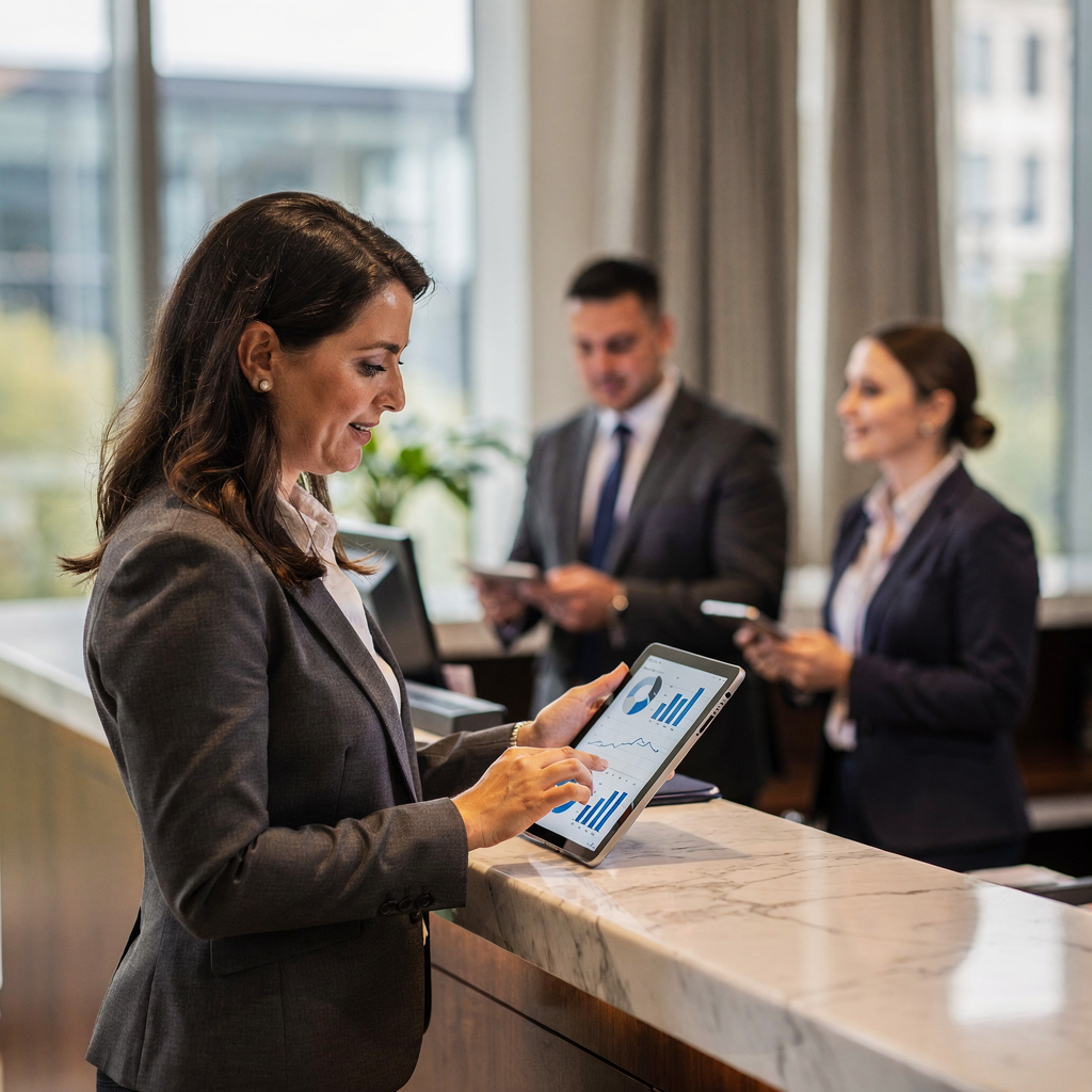 Revenue manager and consultant reviewing rate charts A hotel revenue manager and consultant discussing charts on a tablet beside a reception desk, with staff in the background. No text or numbers visible.