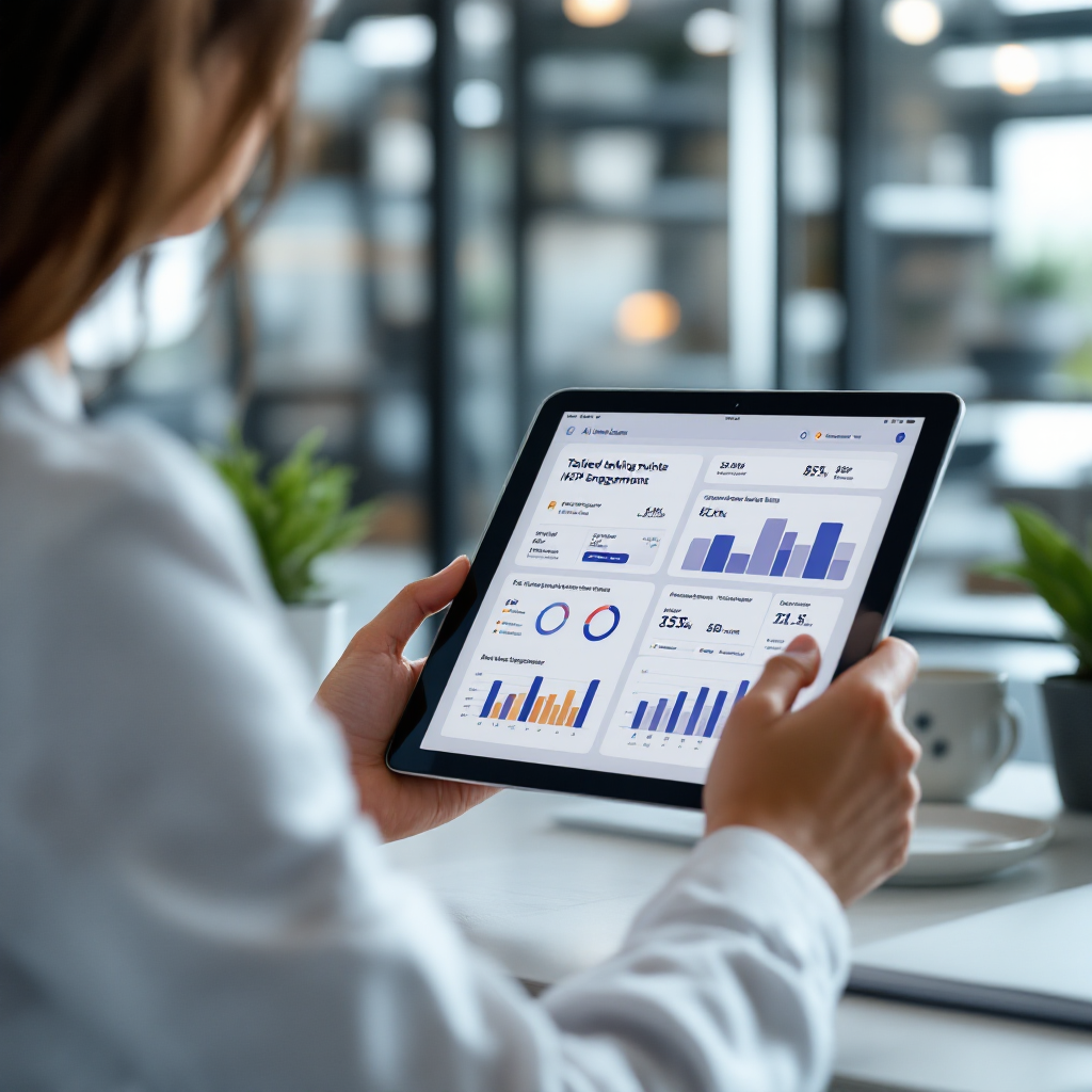 Pharmaceutical sales representative using a tablet with an AI assistant dashboard showing tailored talking points and HCP engagement metrics, modern clinical office background, no text or numbers