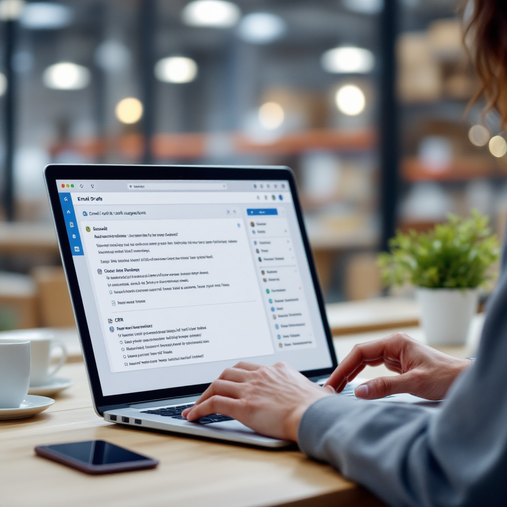 An over-the-shoulder view of a sales representative using a laptop, showing an email draft panel with suggestions and a CRM sidebar. The scene is modern and professional with neutral lighting and no text.