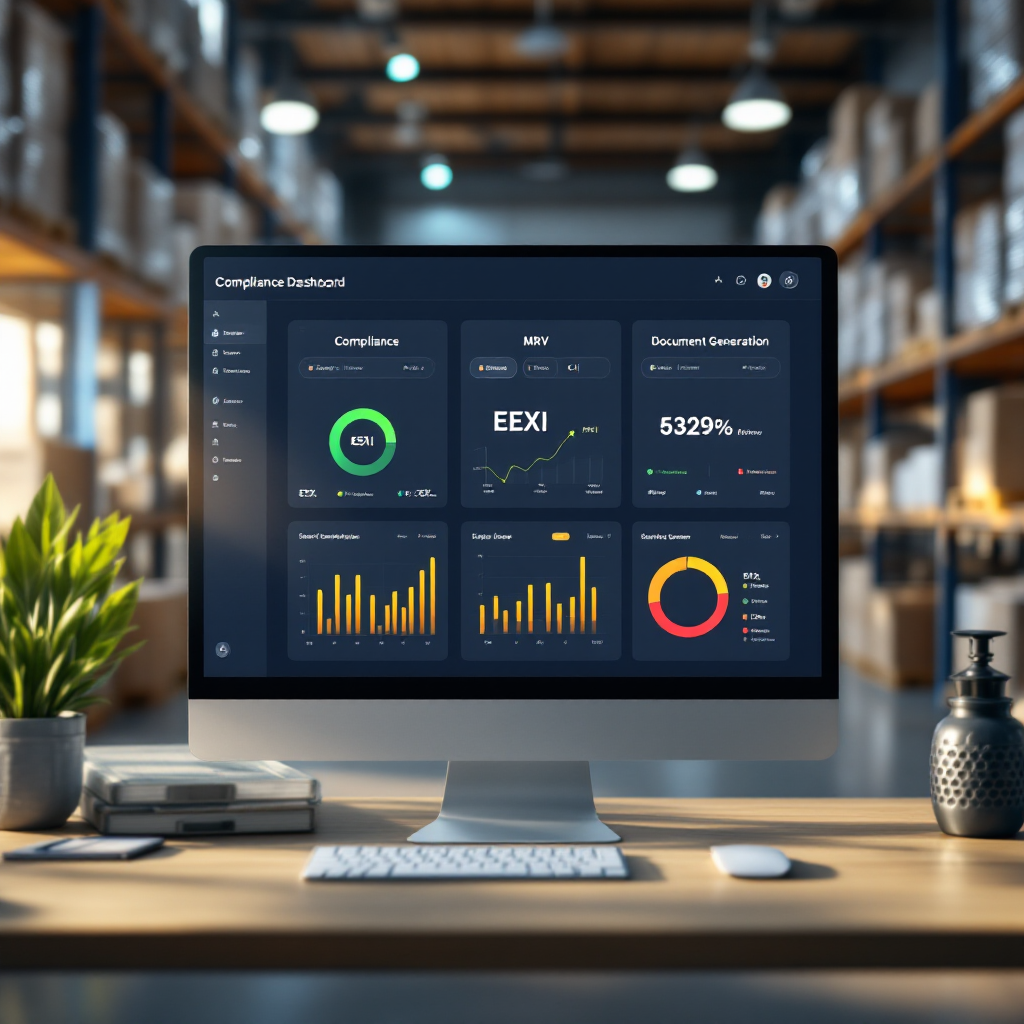 An uncluttered illustration of a sample compliance dashboard showing compliance widgets for EEXI, CII and MRV with green/yellow/red indicators and a document generation icon. Use clean lines and maritime colors; do not include any text or numeric values in the image.