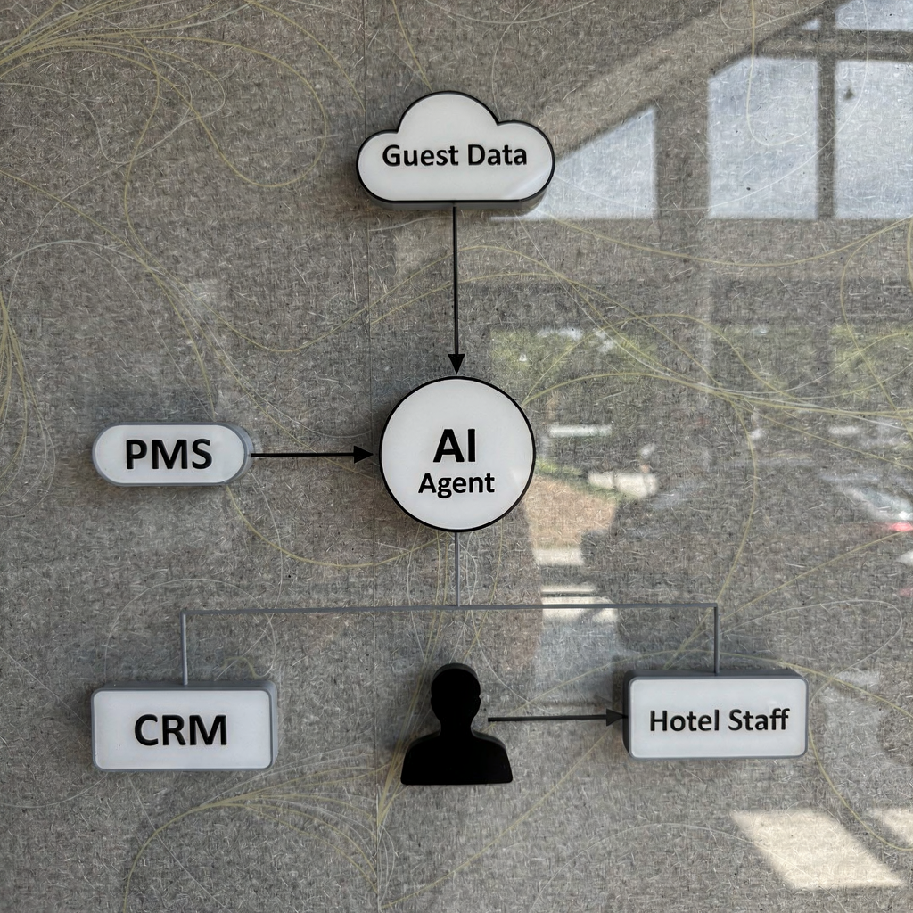 Schéma de l'intégration d'un agent IA avec les systèmes hôteliers