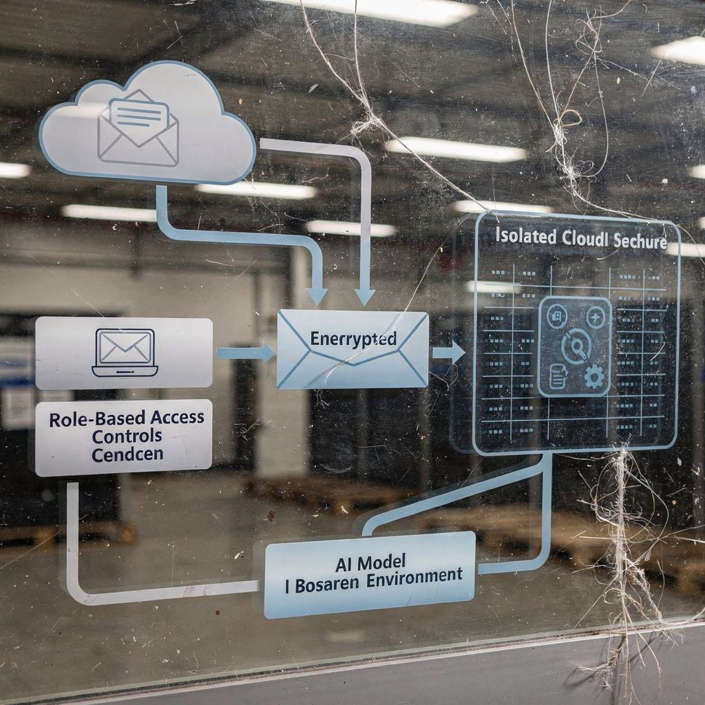 Sicheres Architekturdiagramm für KI‑basierte E‑Mail‑Verarbeitung Sicheres Architekturdiagramm für KI‑basierte E‑Mail‑Verarbeitung