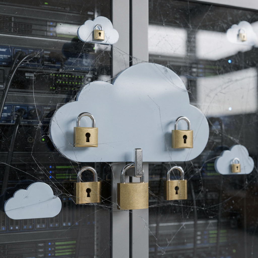 Nahaufnahme eines sicheren Serverraums mit Cloud‑Icons und Vorhängeschlössern, die Verschlüsselung und Zugriffskontrolle darstellen