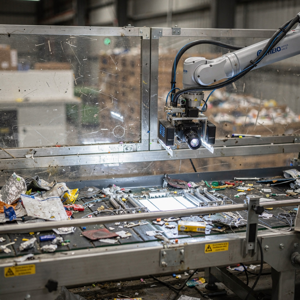 Zbliżenie taśmy z matrycą czujników NIR, szybkimi kamerami i robotycznym chwytakiem w zakładzie recyklingu Zbliżenie taśmy z matrycą czujników NIR, szybkimi kamerami i robotycznym chwytakiem w zakładzie recyklingu