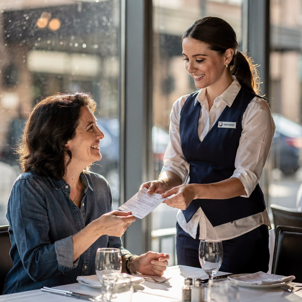 Server handing reservation confirmation to guest Server handing reservation confirmation to guest