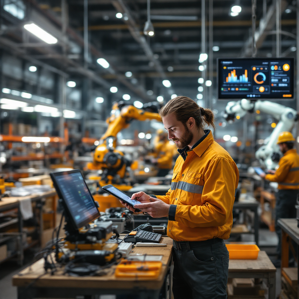 Shop floor with predictive maintenance dashboard Factory shop floor with maintenance technicians using tablets, robotic arms working, and a predictive maintenance dashboard on a screen in the background, clear layout