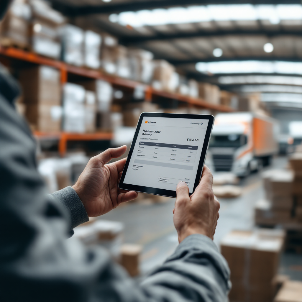 Hands of a site manager tapping a tablet on a construction site with stacked materials and delivery trucks, showing a digital purchase order and delivery confirmation screen