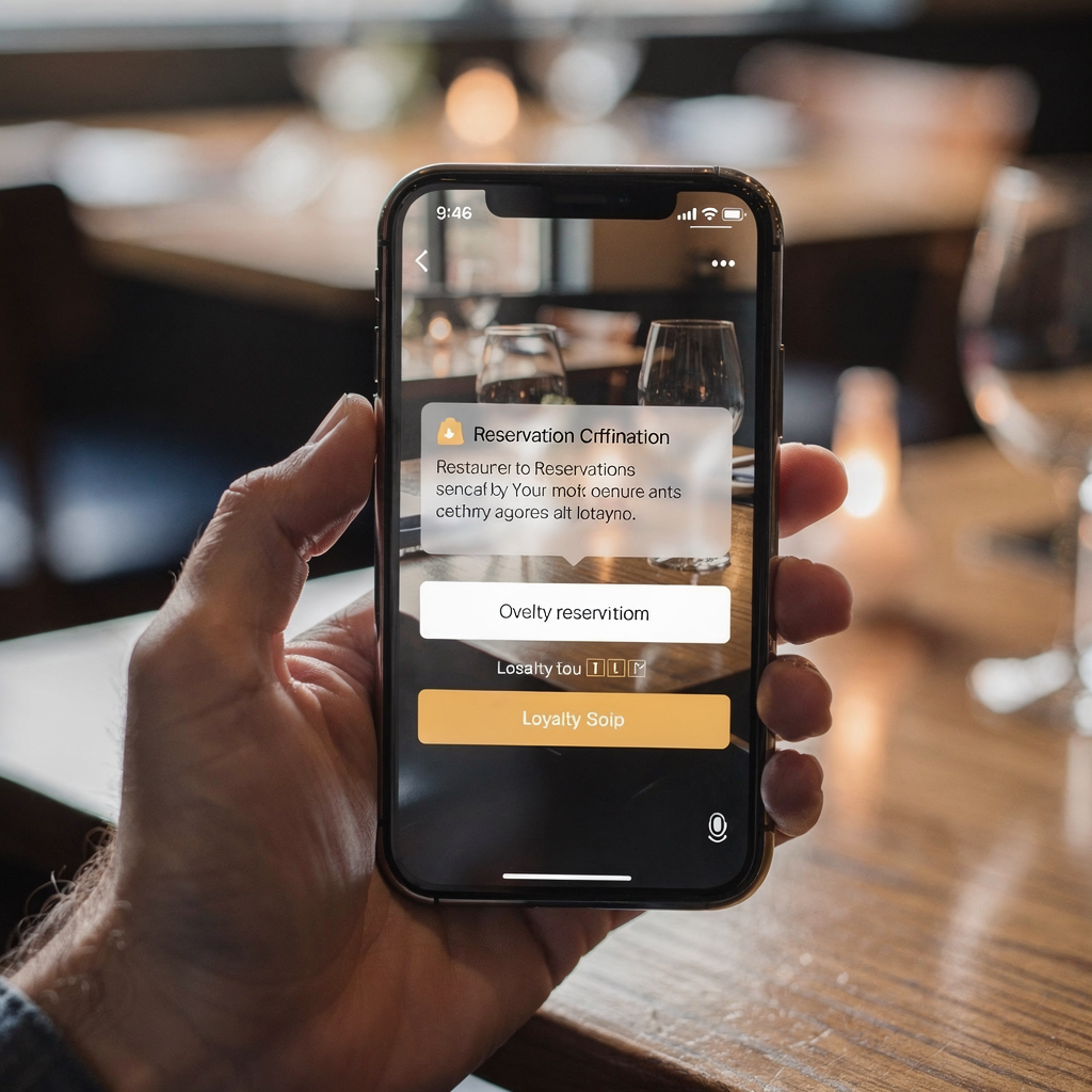 Smartphone showing reservation confirmation and loyalty offer
